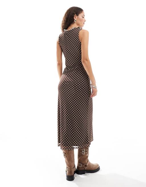 vintage brown polka dot dress Reclaimed Vintage midi dress with ruffle in brown polka dot