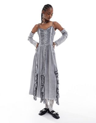 midi dress with ruffles and detachable sleeves-Gray