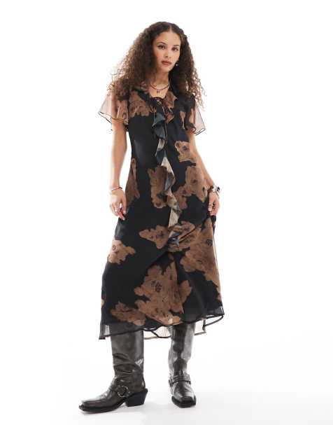 Reclaimed Vintage midi dress with tie front and ruffles in floral print - view 1