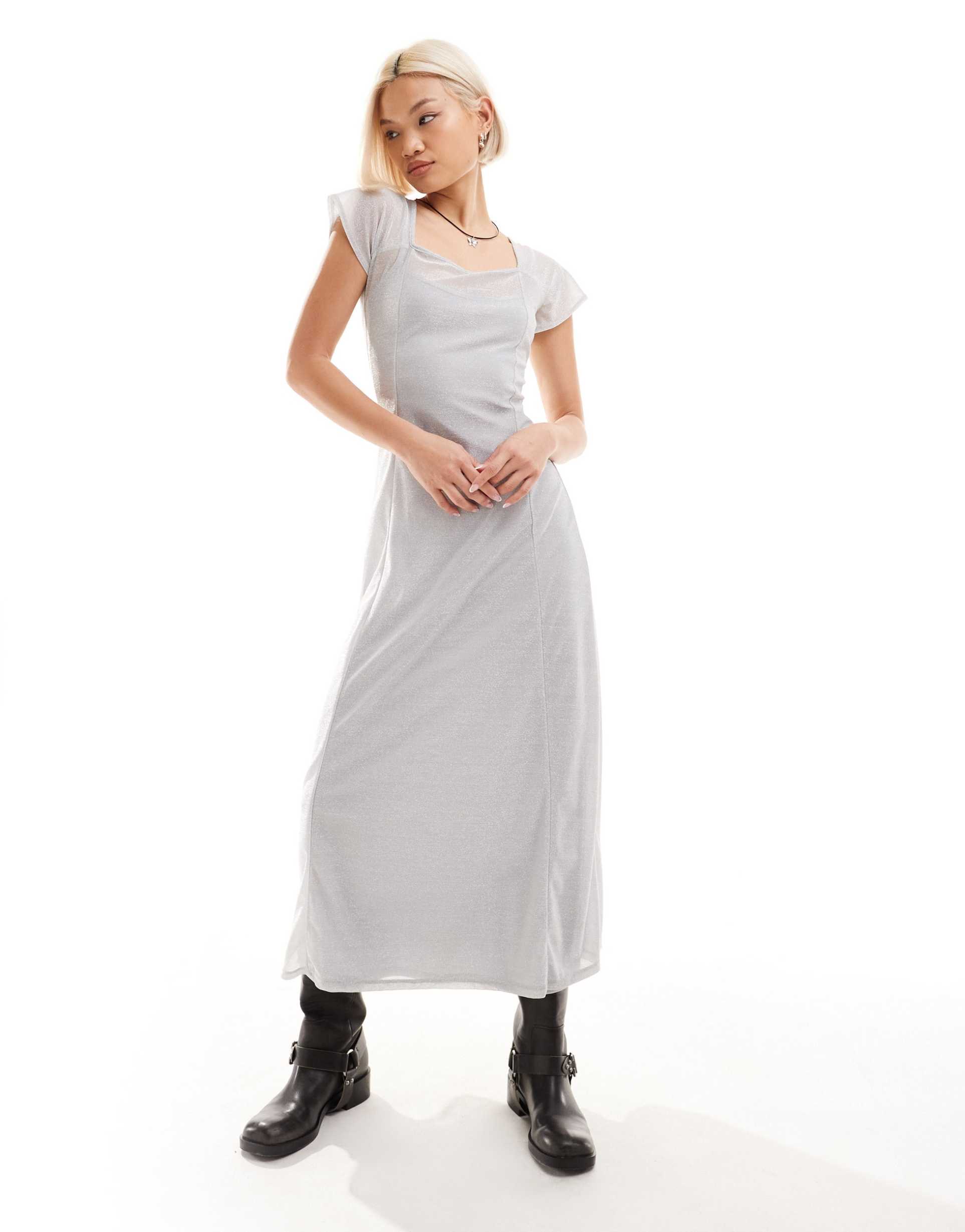 reclaimed vintage midi festival dress in silver mesh