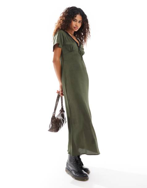 Reclaimed Vintage – Midi-Freizeitkleid in Khaki mit Spitzenborte - view 1