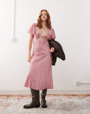 Reclaimed Vintage - Midi-Freizeitkleid in Pastellrosa mit Spitzeneinsatz-Weiß