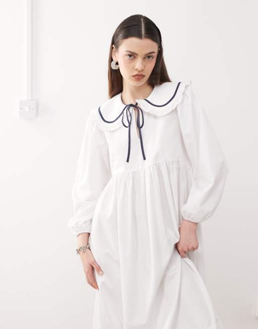 Reclaimed Vintage – Midi-Hängerkleid aus weißer Popeline mit Rüschenkragen, 4 von 4