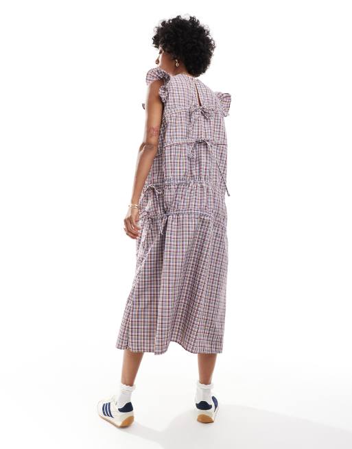 Reclaimed Vintage - Midi-jurk met asymmetrische ruches en gingham ruit, 2 van 4