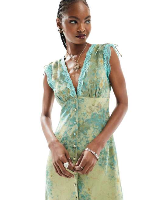 Reclaimed Vintage Midi jurk met bloemenprint en kant in groen ASOS