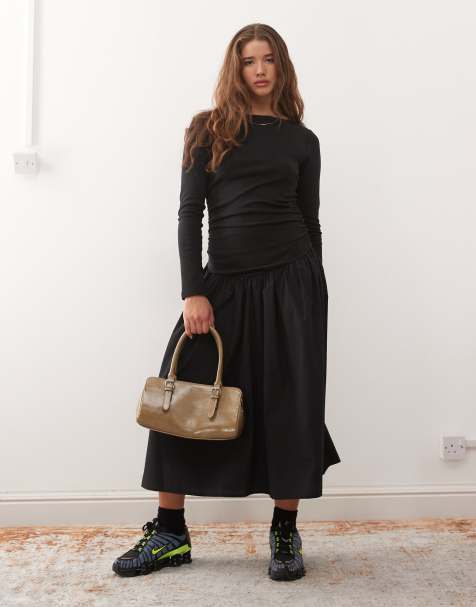 Reclaimed Vintage - Midi-jurk met lange mouwen, contrasterende rok en rimpeleffect in zwart - view 1