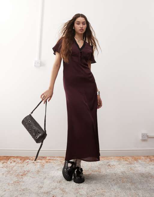 Reclaimed Vintage - Midi-jurk van satijn met kanten rand in bordeauxrood