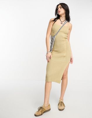 Reclaimed Vintage midi knitted dress with stitch distressing in neutrual  - ASOS Price Checker