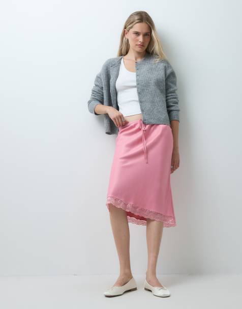 Reclaimed Vintage midi-nederdel i satin med blondetrim i pink - view 1