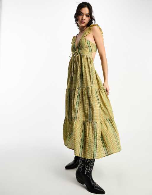 Reclaimed Vintage - Midi prairiejurk met vervaagde groene en bruine strepen 