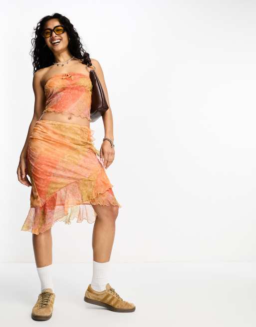 Reclaimed Vintage - Midi rok met ruches en oranje paisley motief, deel van co-ord set