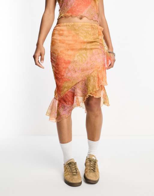 Reclaimed Vintage Midi rok met ruches en oranje paisley motief