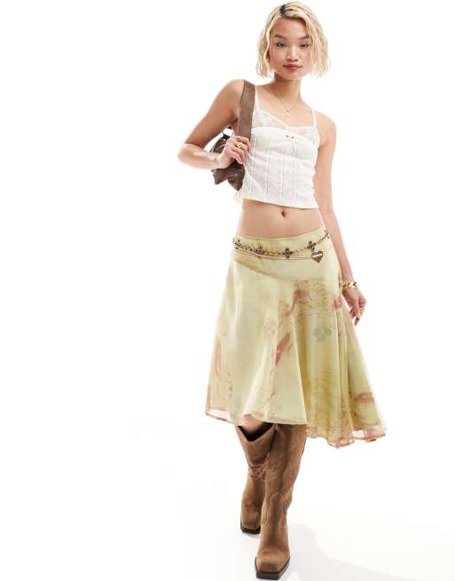 Reclaimed Vintage midi skirt in green watercolor print