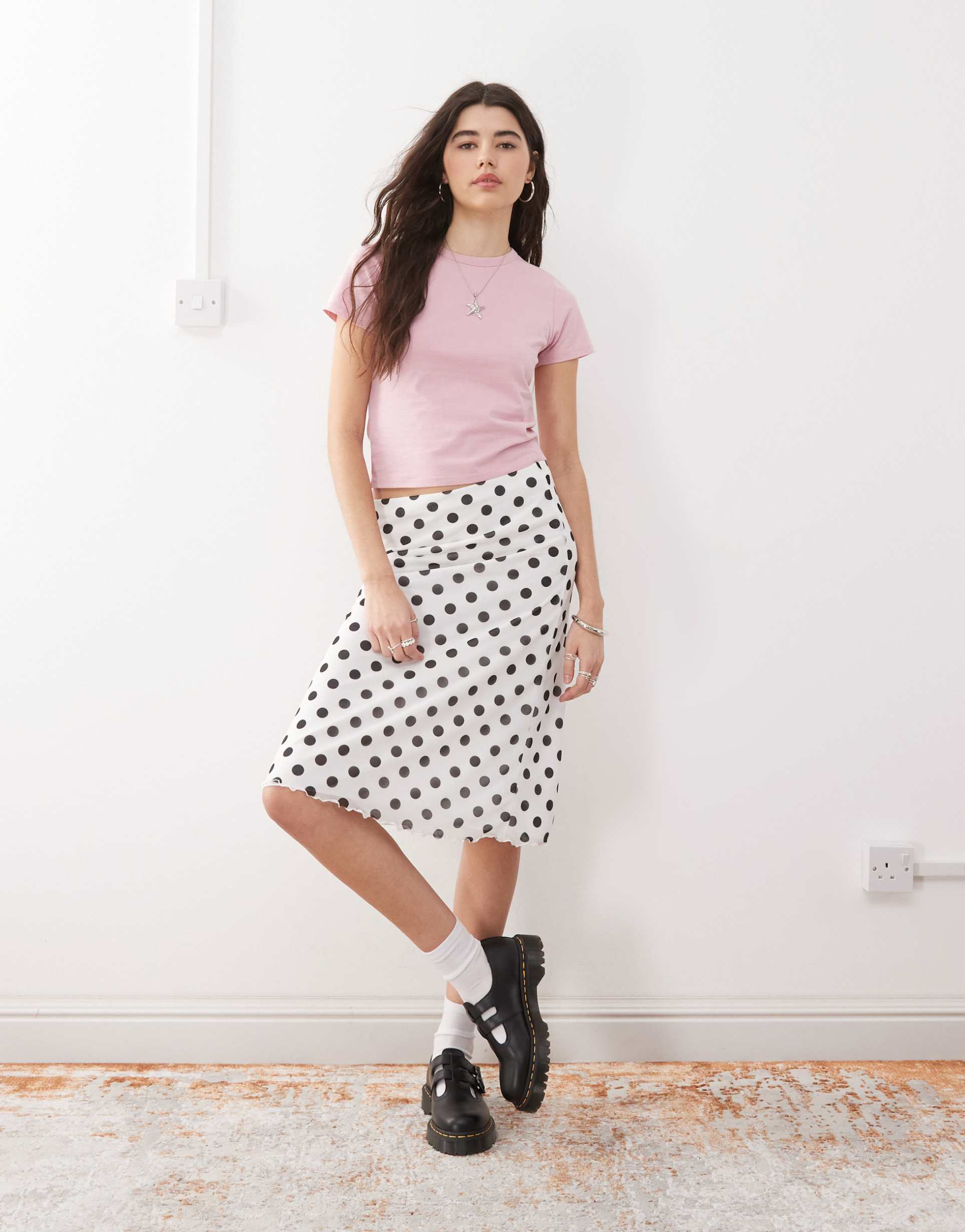 reclaimed vintage midi skirt in polka dot print