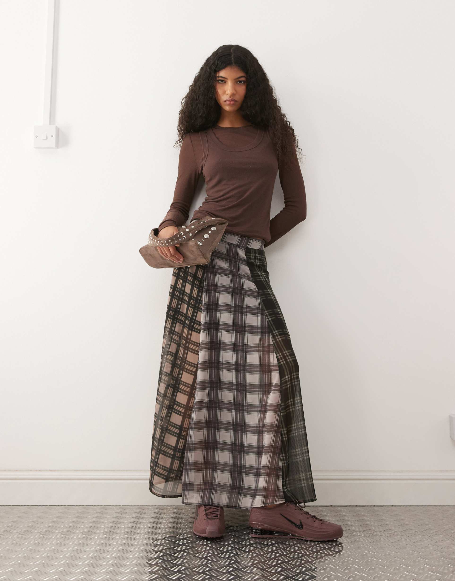 reclaimed vintage midi skirt in spliced plaid prints