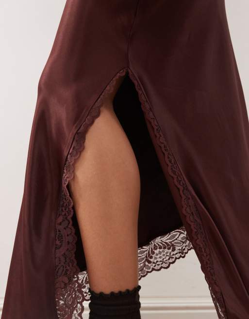 Reclaimed Vintage midi skirt with asymmetric hem with lace in chocolate brown, 3 of 5