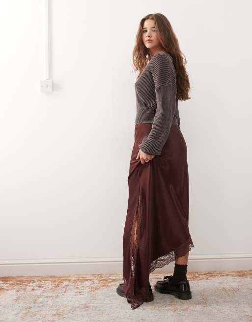 Reclaimed Vintage midi skirt with asymmetric hem with lace in chocolate brown, 4 of 5