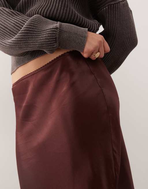 Reclaimed Vintage midi skirt with asymmetric hem with lace in chocolate brown, 5 of 5