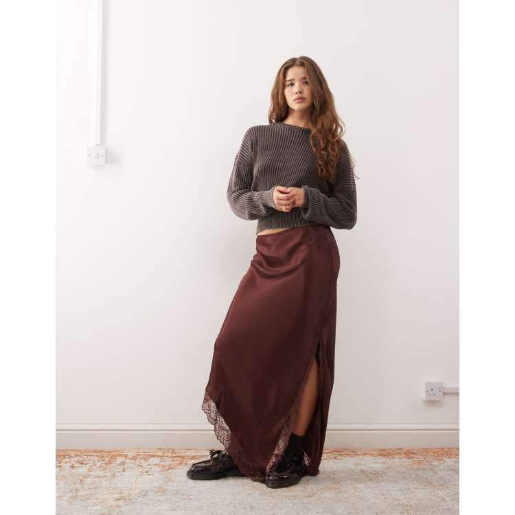 Reclaimed Vintage midi skirt with asymmetric lace hem in chocolate