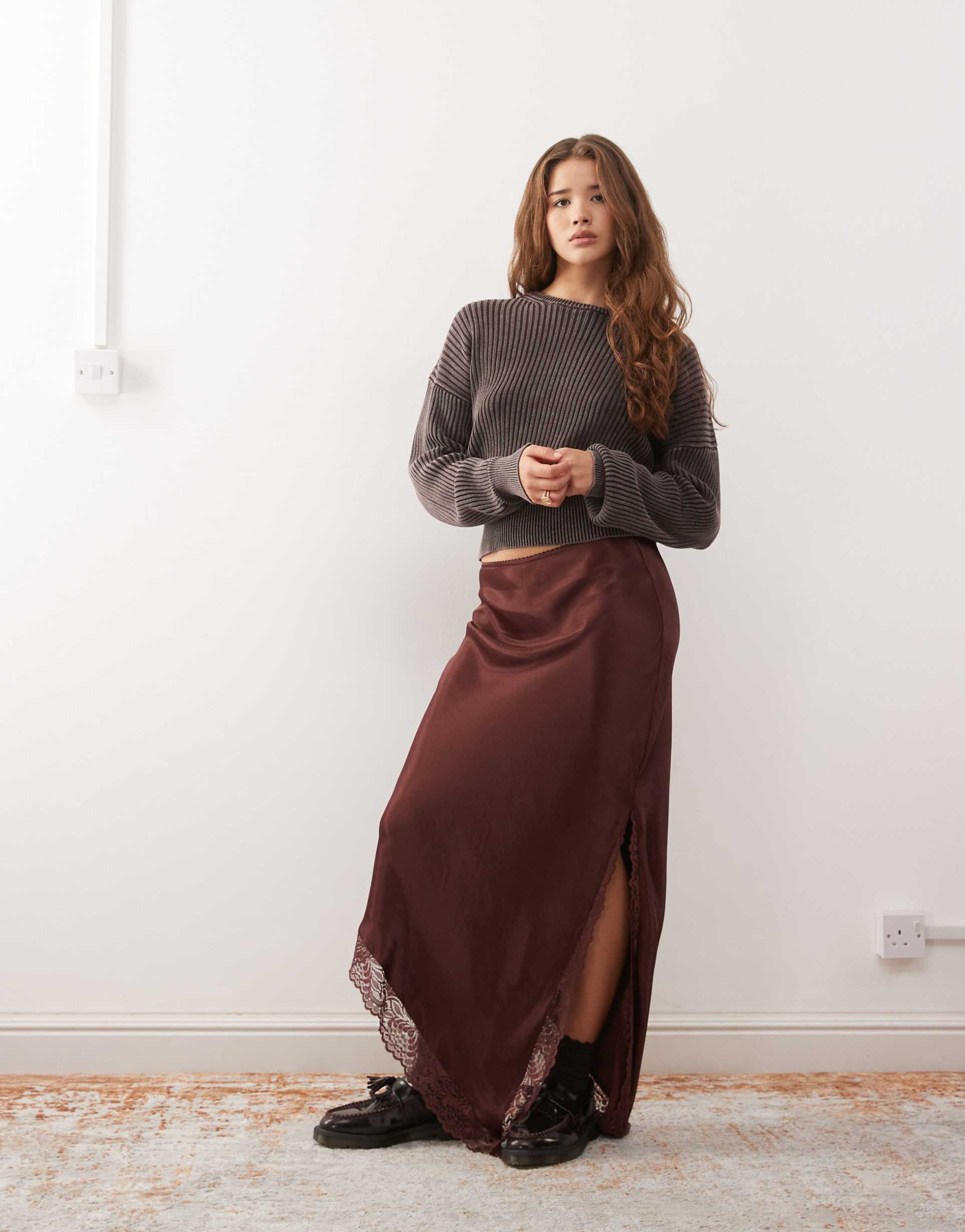 reclaimed vintage midi skirt with asymmetric lace hem in chocolate brown