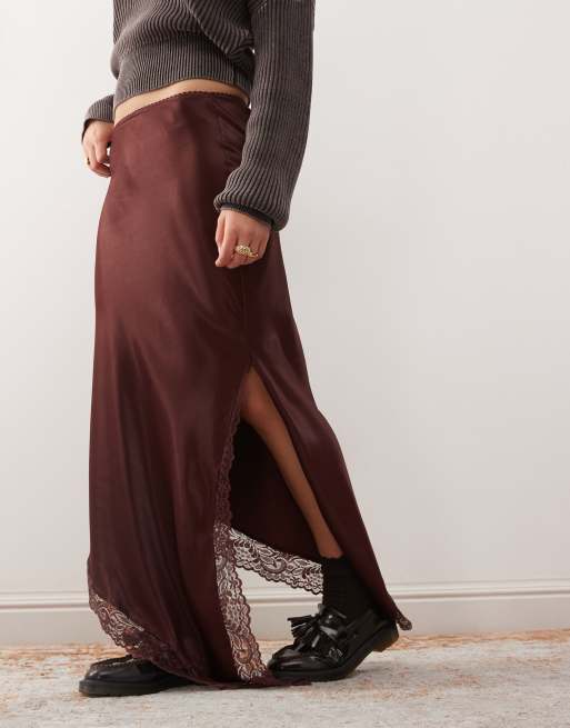 Reclaimed Vintage midi skirt with asymmetric lace hem in chocolate brown, 2 of 5