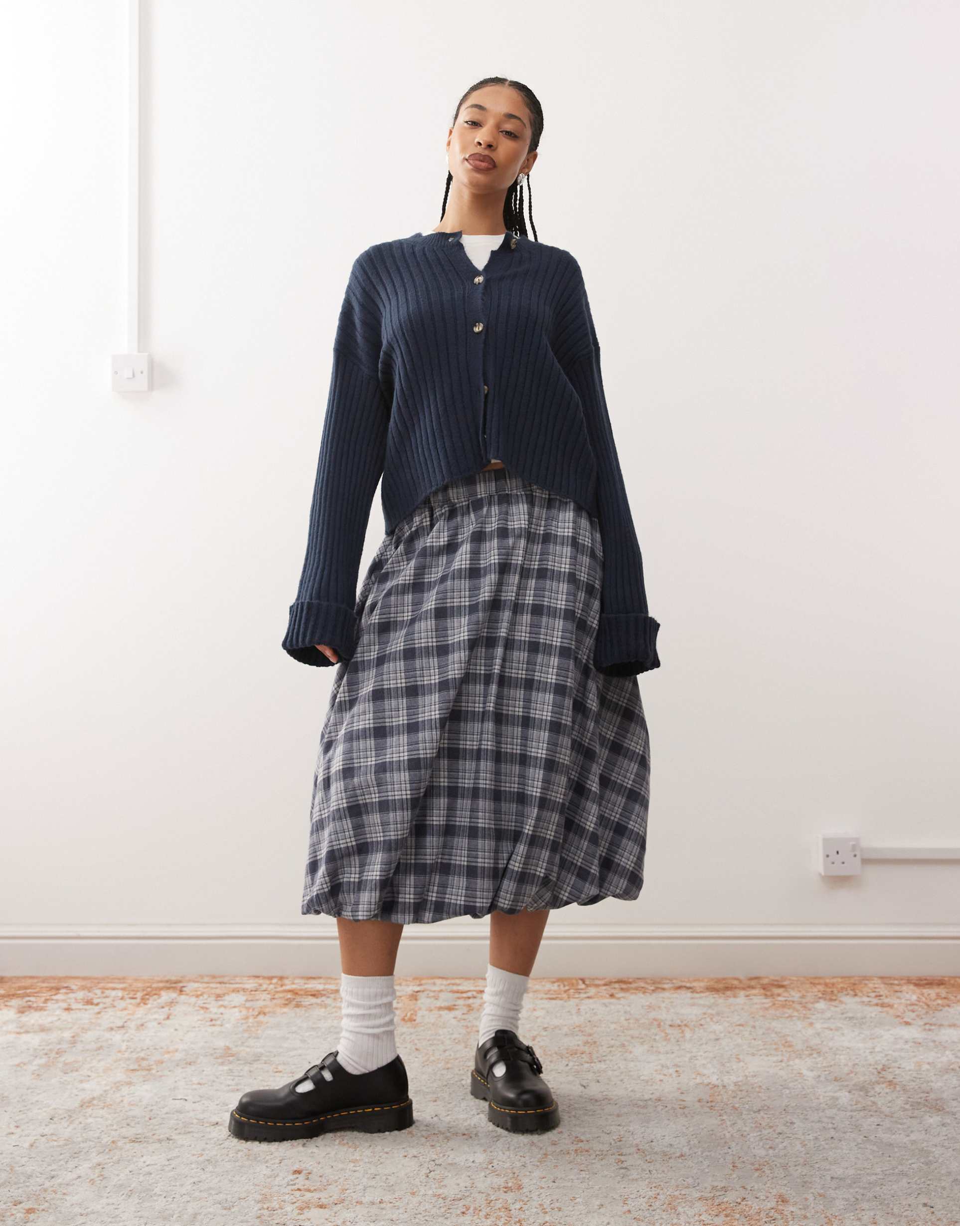 reclaimed vintage midi skirt with bubble hem in gray and blue plaid