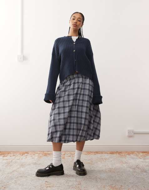 Reclaimed Vintage midi skirt with bubble hem in grey and blue check