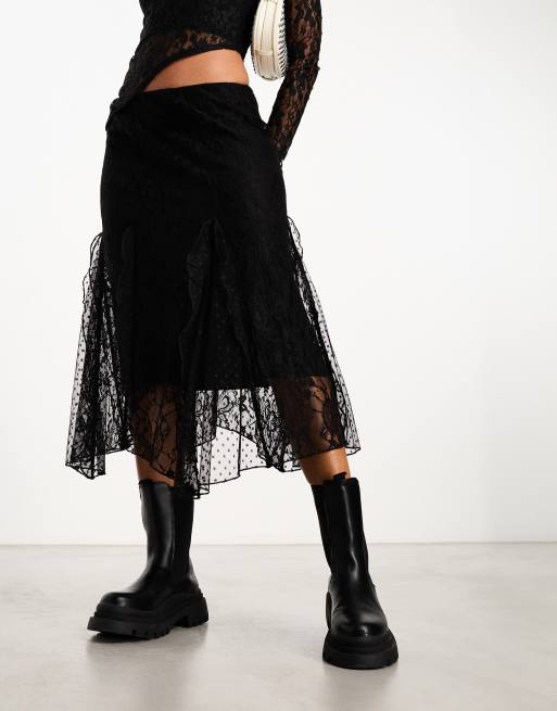 Reclaimed Vintage midi skirt with lace and ruffles