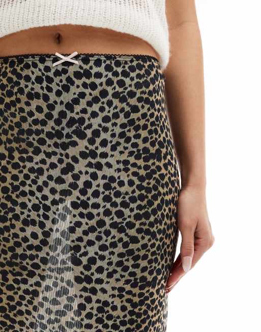 Leopard midi skirt lace trim hot sale