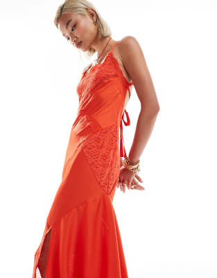 reclaimed vintage midi slip dress with lace panels and tie back in red