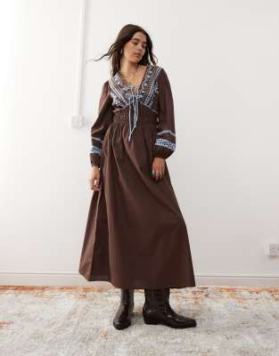 midi smock dress in brown with contrast blue embroidery