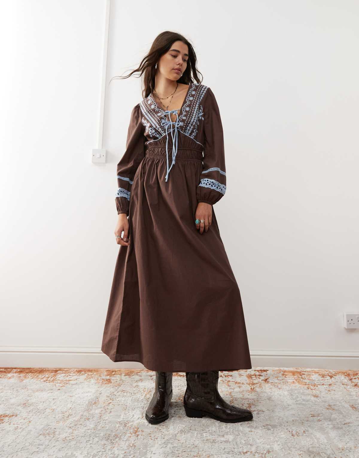 Reclaimed Vintage midi smock dress in brown with contrast blue embroidery