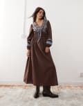 [Reclaimed Vintage] Reclaimed Vintage midi smock dress in brown with contrast powder blue embroidery 8 brown