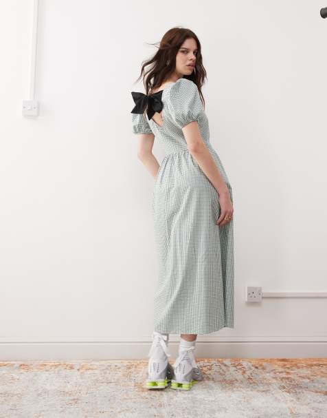 Reclaimed Vintage midi smock dress with bow tie back in check - view 1