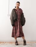 [Reclaimed Vintage] Reclaimed Vintage midi smock dress with tie front ruffle detail in burgundy check-Multi S red