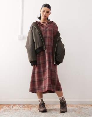 midi smock dress with tie front ruffle detail in burgundy plaid-Multi