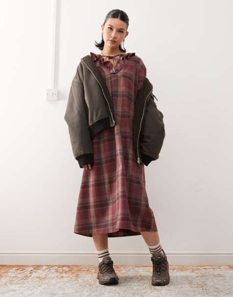 Reclaimed Vintage midi smock dress with tie front ruffle detail in burgundy plaid - view 1
