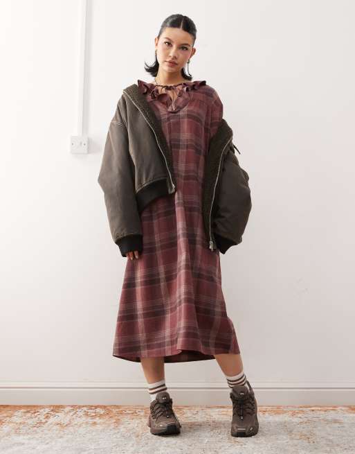 Reclaimed Vintage midi smock dress with tie front ruffle detail in burgundy plaid