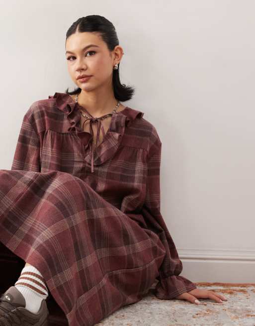 Reclaimed Vintage midi smock dress with tie front ruffle detail in