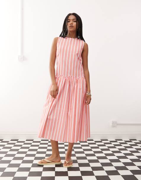 Reclaimed Vintage midi smock dress with waist ruffle detail in pink candy stripe - view 1