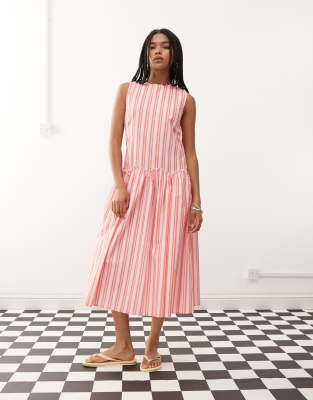 reclaimed vintage midi smock dress with waist ruffle detail in pink candy stripes