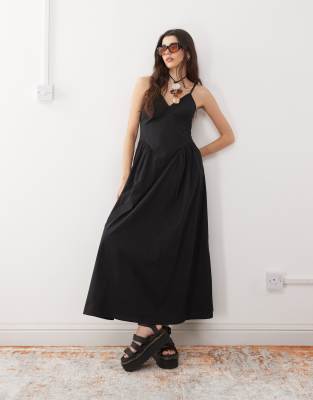 Reclaimed Vintage - Midi-Sommerkleid in Schwarz mit Nahtdetail an der Hüfte