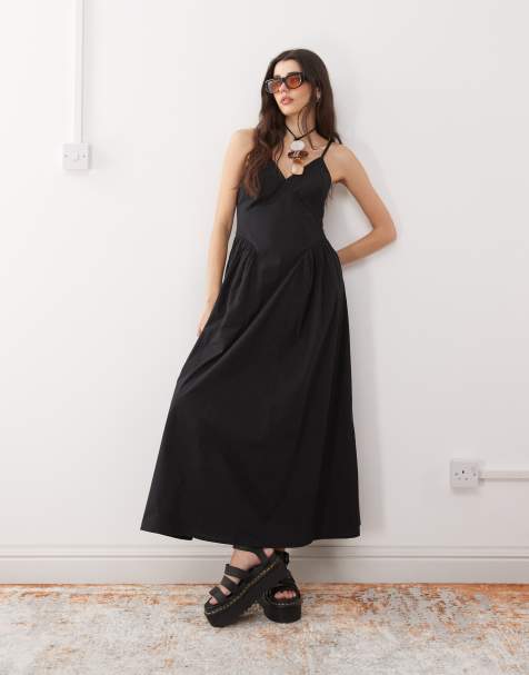 Reclaimed Vintage – Midi-Sommerkleid in Schwarz mit Ziernaht an der Hüfte - view 1