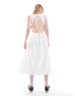 midi summer dress with tie back in white poplin