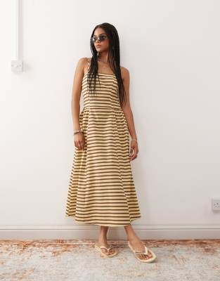 Reclaimed Vintage midi summer dress with waist seam details in butter yellow and brown stripe - view 1