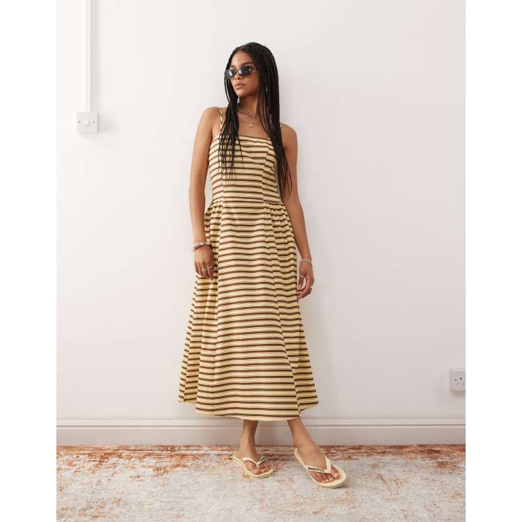 Reclaimed Vintage midi summer dress with waist seam details in butter  yellow and brown stripe | ASOS