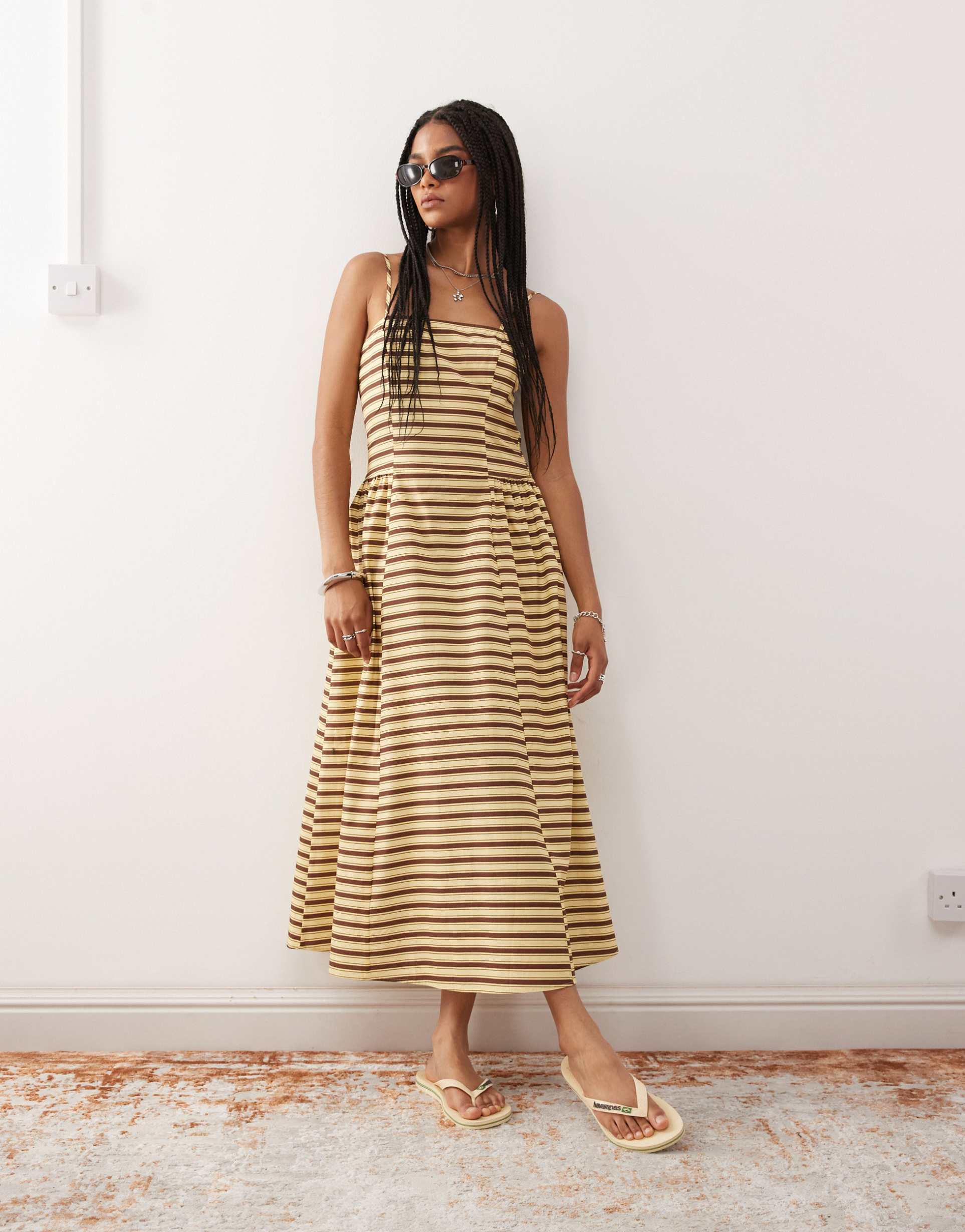 reclaimed vintage midi summer dress with waist seam details in butter yellow and brown stripe