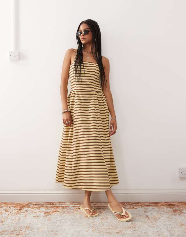 Reclaimed Vintage midi summer dress with waist seam details in butter yellow and brown stripe