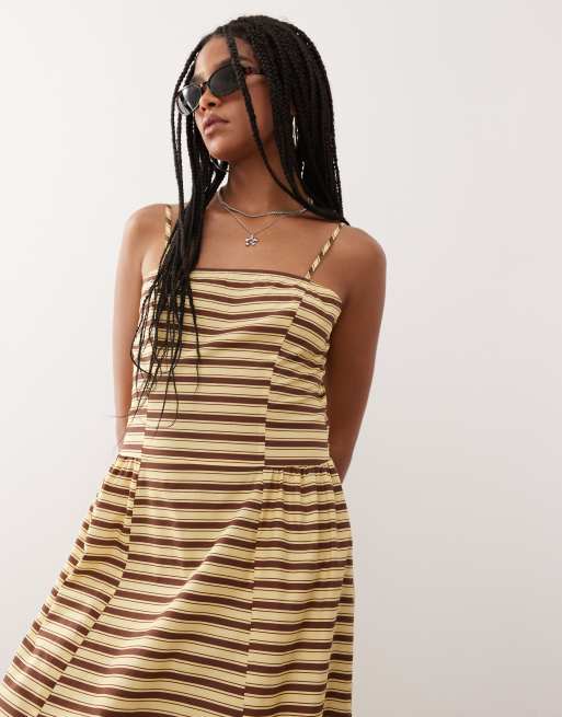 Reclaimed Vintage midi summer dress with waist seam details in butter  yellow and brown stripe | ASOS