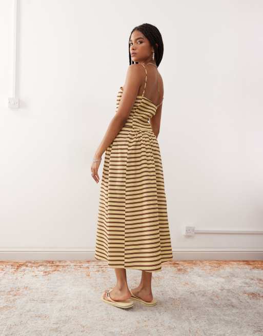 Reclaimed Vintage midi summer dress with waist seam details in butter  yellow and brown stripe